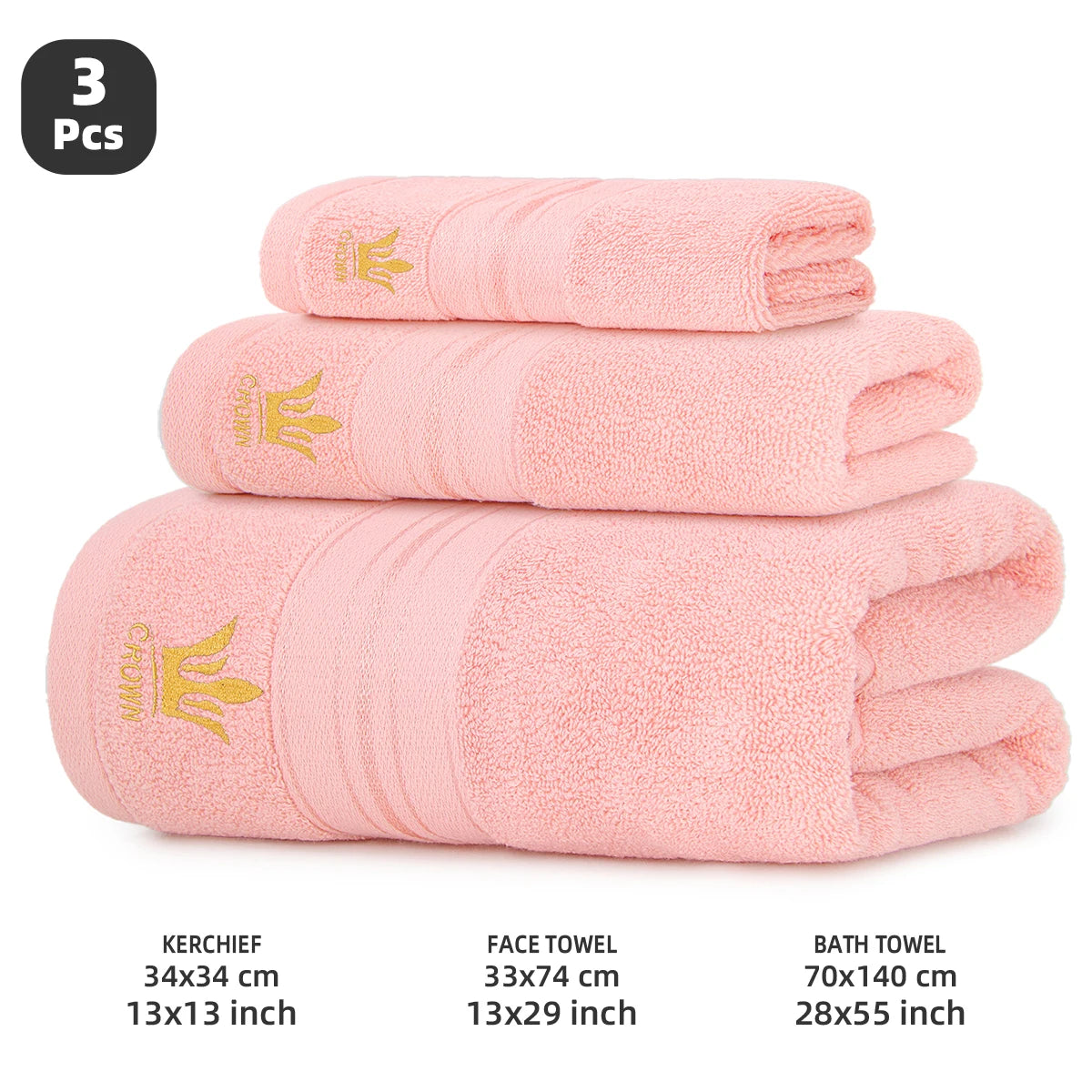 3‑Piece 100% Cotton Towel Set, 1 Bath Towel + 1 Hand Towel + 1 Face Towel, Crown Pattern, High Water Absorbency & Quick‑Drying Towels