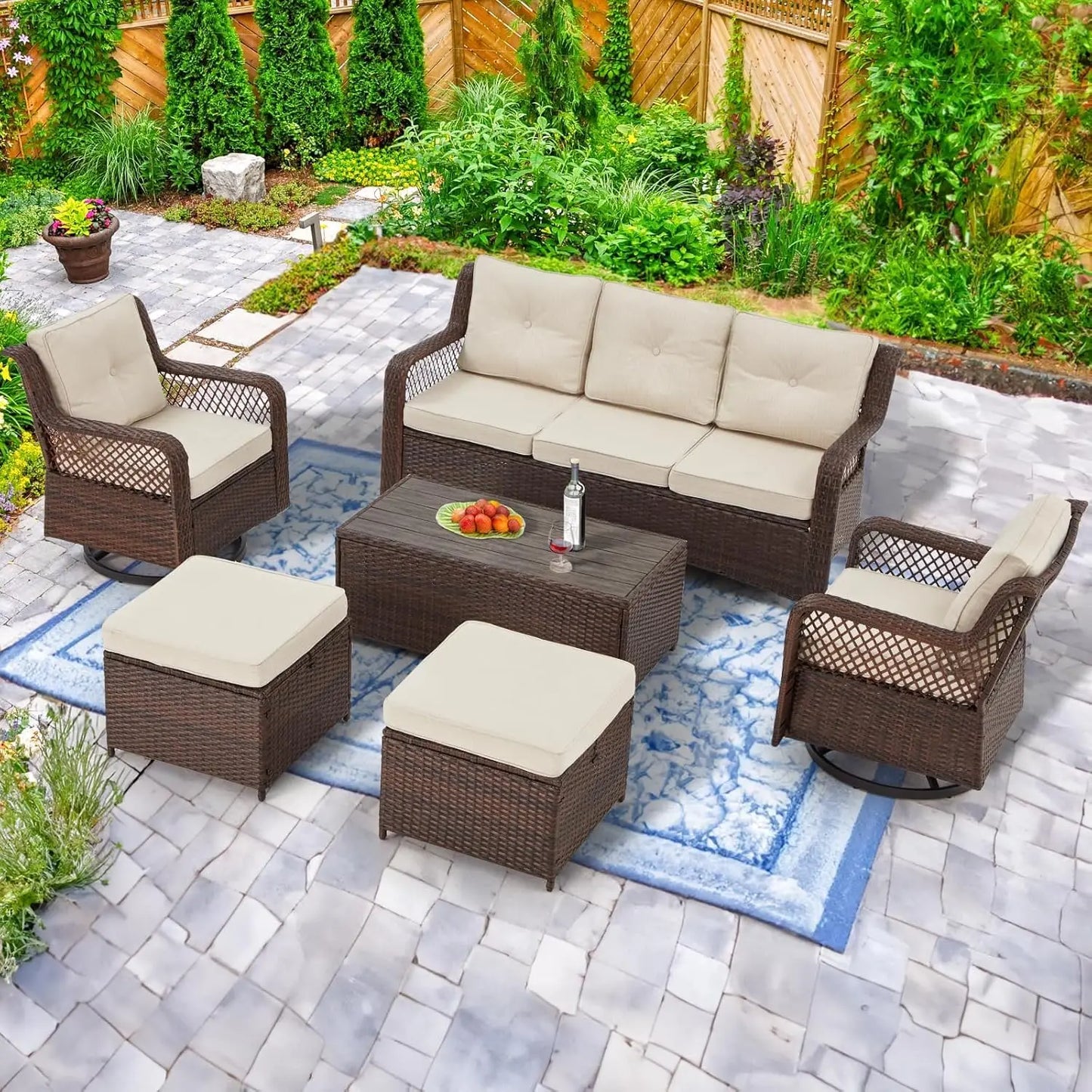 6 Pieces Wicker Patio Furniture Set Conversations Sets, 2 Outdoor 360° Swivel Chairs, Patio Swivel Chair with Table, Customized
