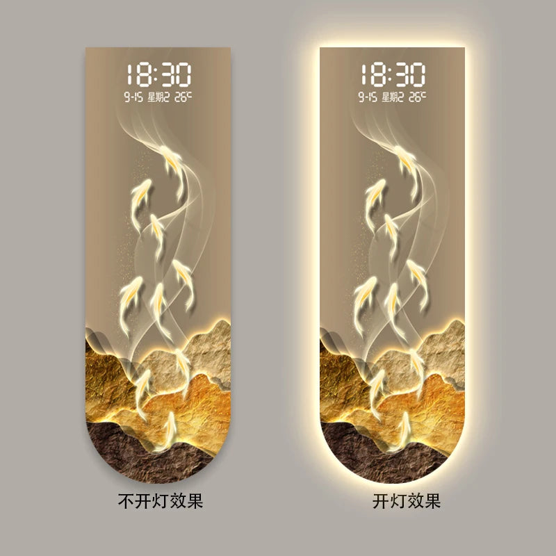 Sunlit Golden Mountain Entrance Decor Painting New Chinese Style Creative Touch-Sensitive Digital Clock High-End Living Room LED