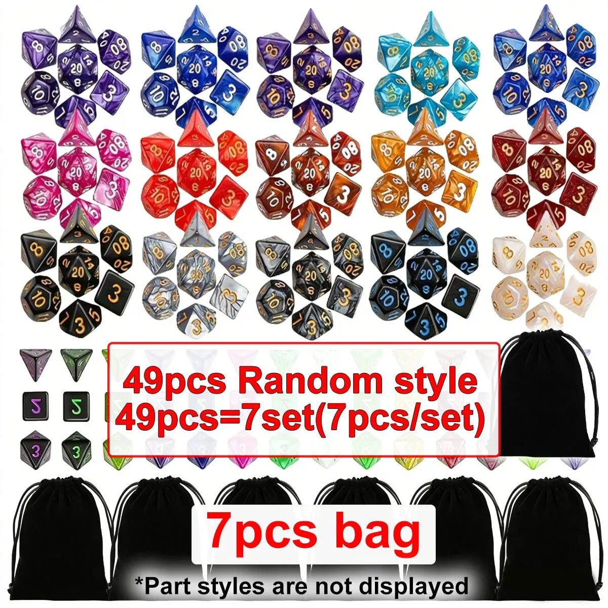 49Pcs Polyhedral Dice Set with 7 Black Storage Pouches - Random color 7 Complete Sets D4/D6/D8/D10/D%/D12/D20 for DND, RPG, MTG & Tabletop Games, Perfect Halloween & Christmas Holiday Gifts ZSY