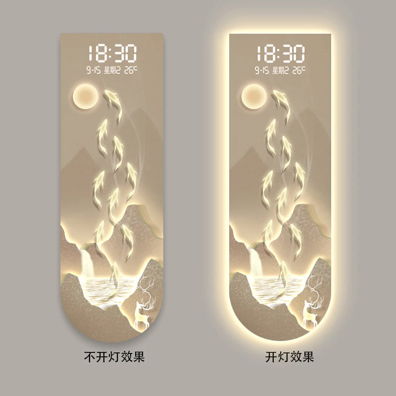 Sunlit Golden Mountain Entrance Decor Painting New Chinese Style Creative Touch-Sensitive Digital Clock High-End Living Room LED