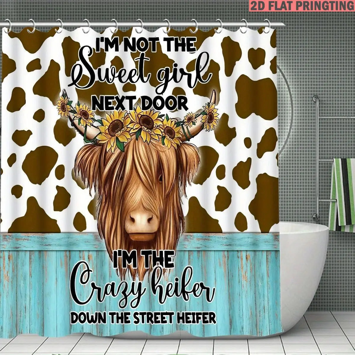 1pc/4pcs Shower Curtain and Bath Mat Set with print pattern Cow Print With Sunflowers And Text Design Non-Slip Bathroom Decor