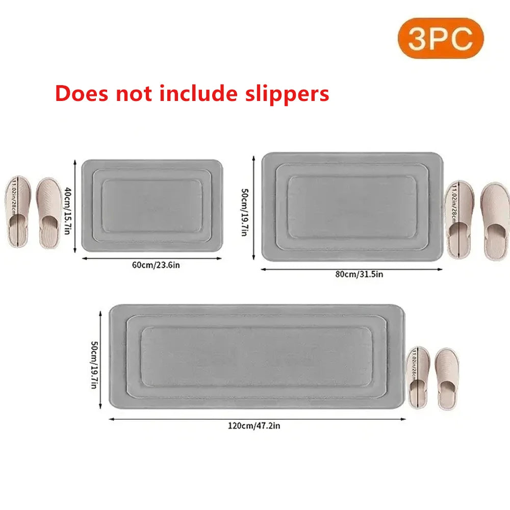 3PCS Absorbent Bath Mats Set Non-Slip Memory Foam Bathroom Rug Soft Quick Dry Carpet Standing Pad Machine Wash For Bathroom