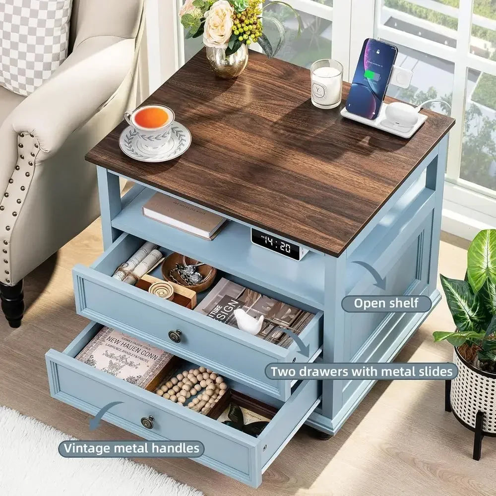 2-Piece Nightstand Set with Charging Station, 24 Wide End Table, Drawers, Suitable for Bedroom or Living Room, Light Blue Accent