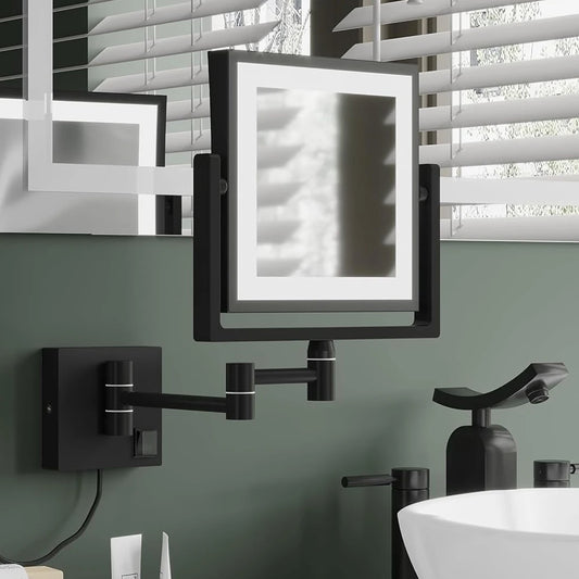 LED Bathroom Mirror 3X Magnifying Dual Arm Extendable Folding Wall Mounted Double Sided Makeup Mirror for Black Bathroom Mirrors