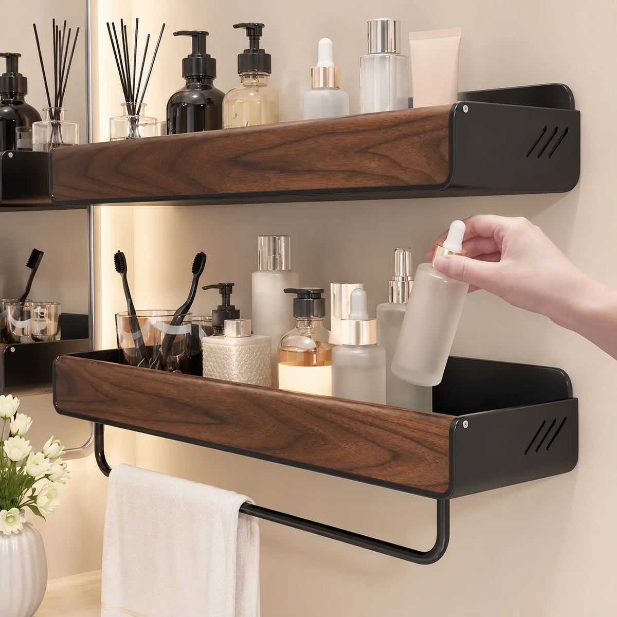 Solid Walnut Wood Wall Mounted Bathroom Shelf No Drill Floating Storage Organizer for Sink Countertop Toiletries And Home Essent