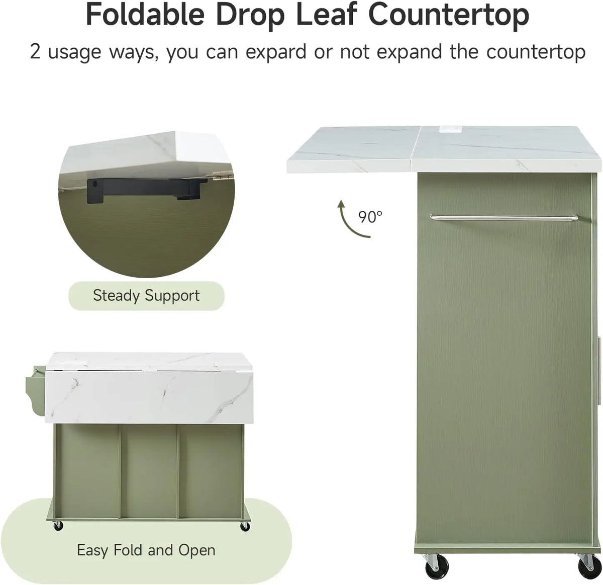 47" Rolling Kitchen Island Cart with Power Outlet | Movable Island Table & Storage Cabinet: White Marble Top, 5 Drawers + 2 Cabinets, Spice Rack, Free Tool Installation for Kitchen Craftsmanship