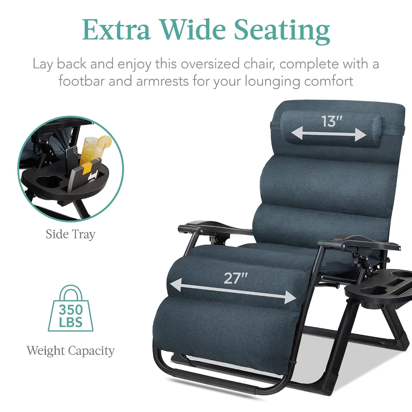 Oversized Zero Gravity Chair, Folding Outdoor Patio Recliner, XL Anti Gravity Lounger w/Removable Cushion, Cup Holder,, Custom