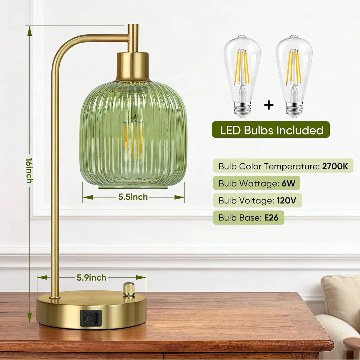 Industrial Table Lamp Set of 2 Green Glass with USB A&C Ports Stepless Dimmable Gold Nightstand Lamps for Bedroom Living Room