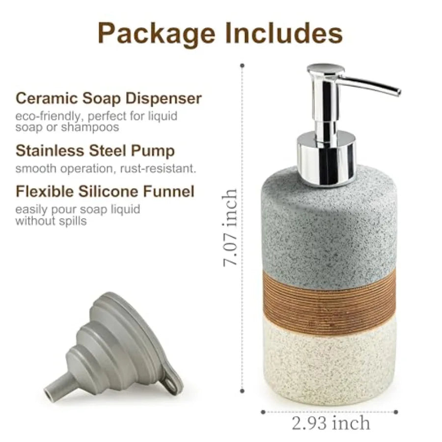Ceramic Soap Dispenser Set for Hand Soap, Shampoo, Dish Soap, Conditioner, Bathroom and Kitchen, Stainless Steel Pump, Includes
