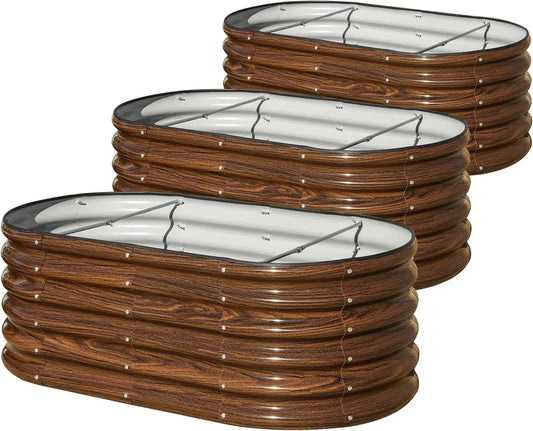 SnugNiture 3 Pcs 4x2x1.5ft Raised Garden Bed Outdoor, 17" Tall Galvanized Metal Planter Box, Oval Raised Garden Bed Kit for Planting Vegetables Plants Fruits, Brown