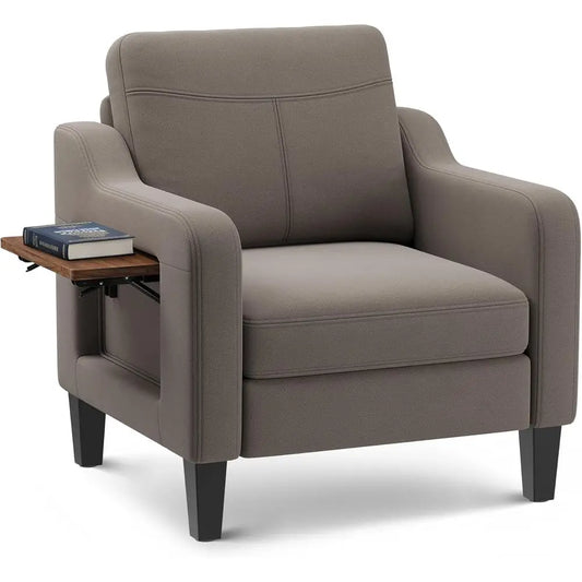 Ern Linen Upholstered Armchair Wooden Side Table Adjustable Comfortable Accent Chair for Living Room Fabric Sofa Design