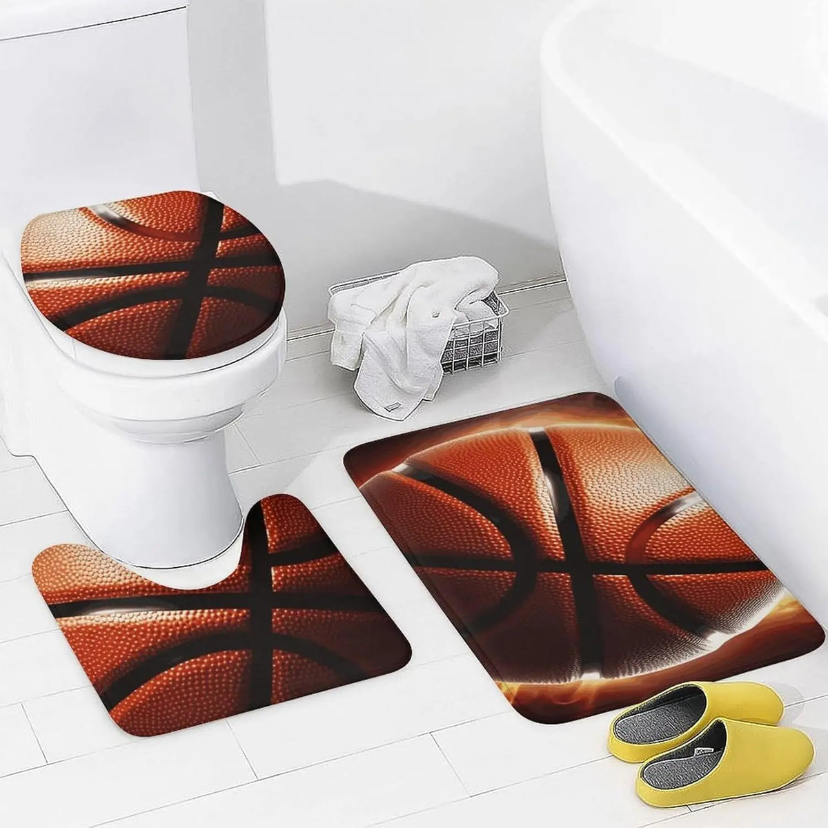 Basketball Shower Curtains Set 4 Piece with Non-Slip Rugs, Toilet Lid Cover and Bath Mat Soft Bathroom Carpet Waterproof Bathroo