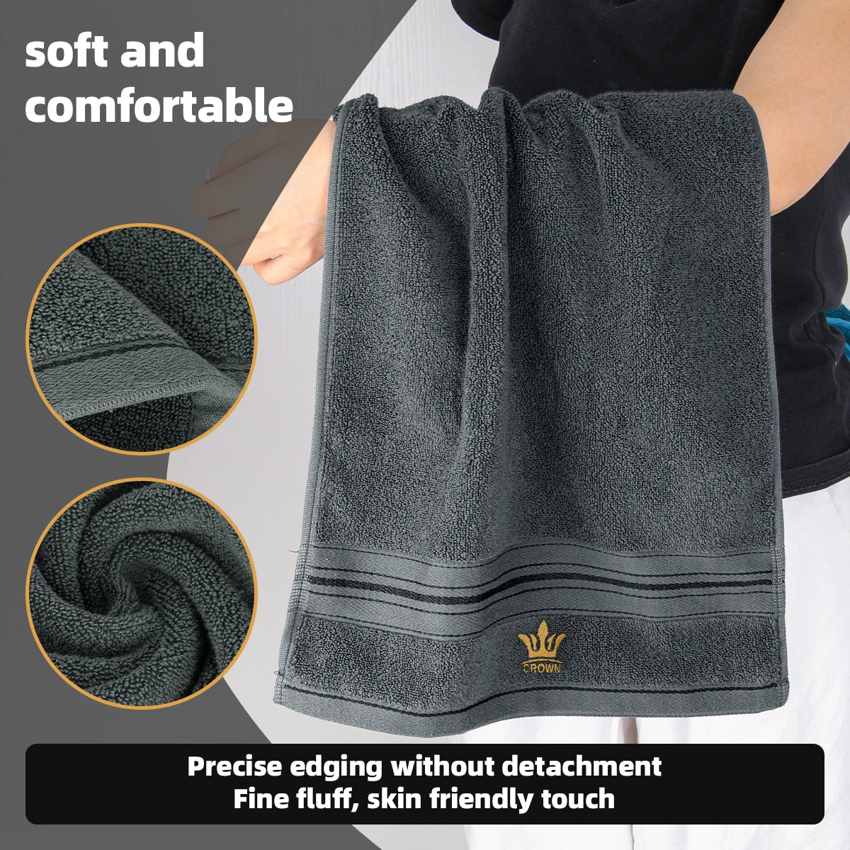 3‑Piece 100% Cotton Towel Set, 1 Bath Towel + 1 Hand Towel + 1 Face Towel, Crown Pattern, High Water Absorbency & Quick‑Drying Towels