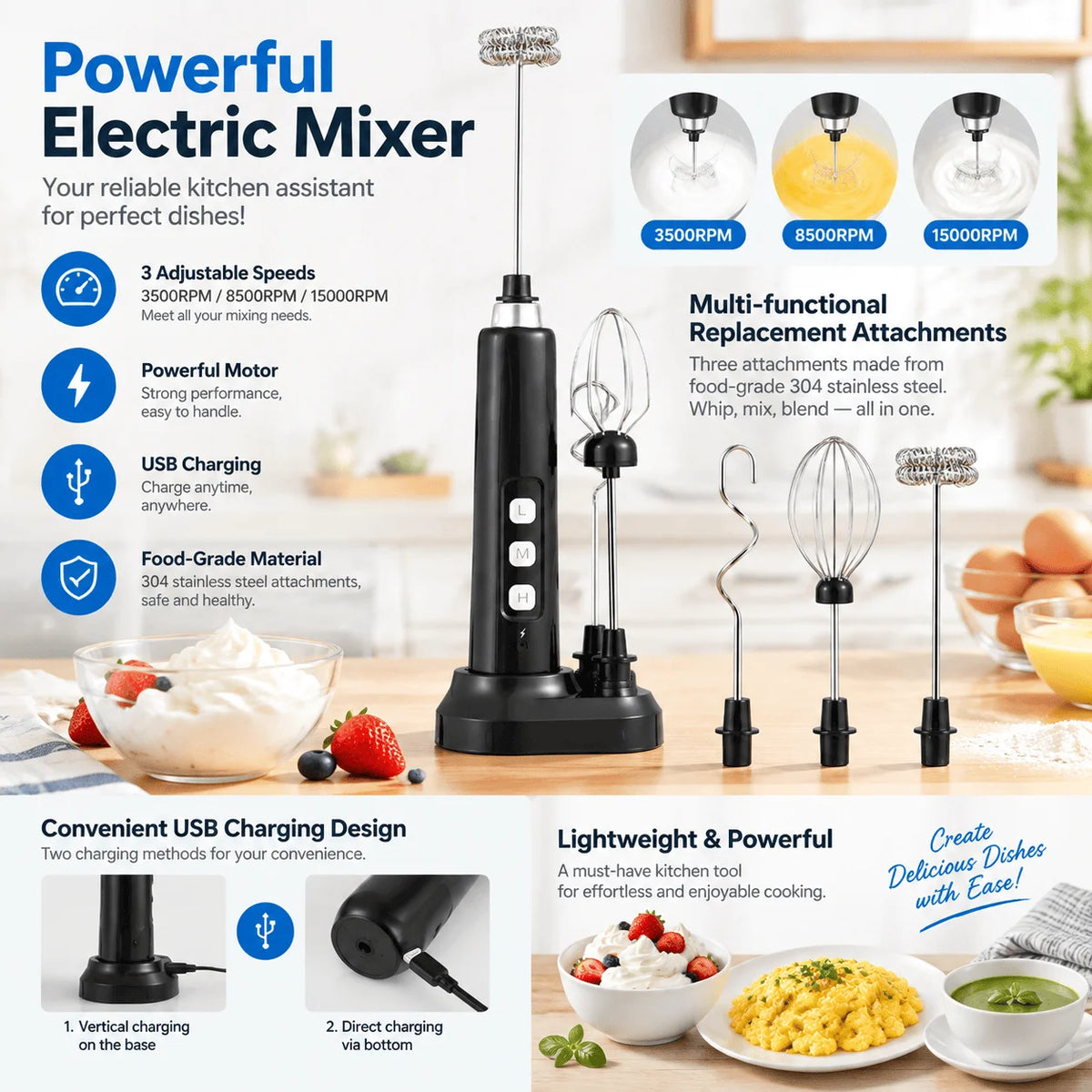 Mini USB Rechargeable Electric Frother Mixer, 3 Speed Handheld Milk Whisk with Multi Functional Attachments for Coffee Cappuccino Latte Matcha Egg White Cream Smoothie Baking, Portable Kitchen Mixing Tool for Home Beverage Pr