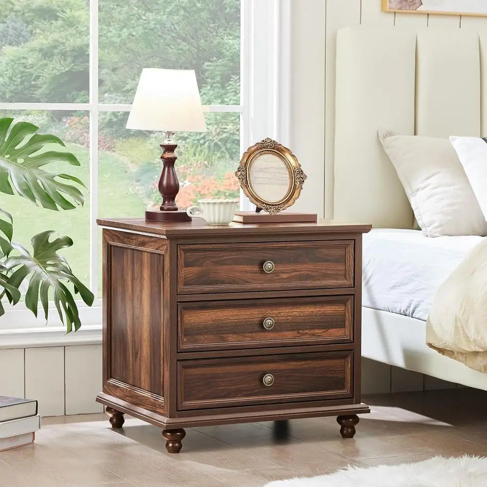 24" Wide armhouse Night Stand Set o 2,Large End Table with 3 Ders & Metal Handle,Brown Wood Drer or Bedroom Cabinet, Bed Side Ta
