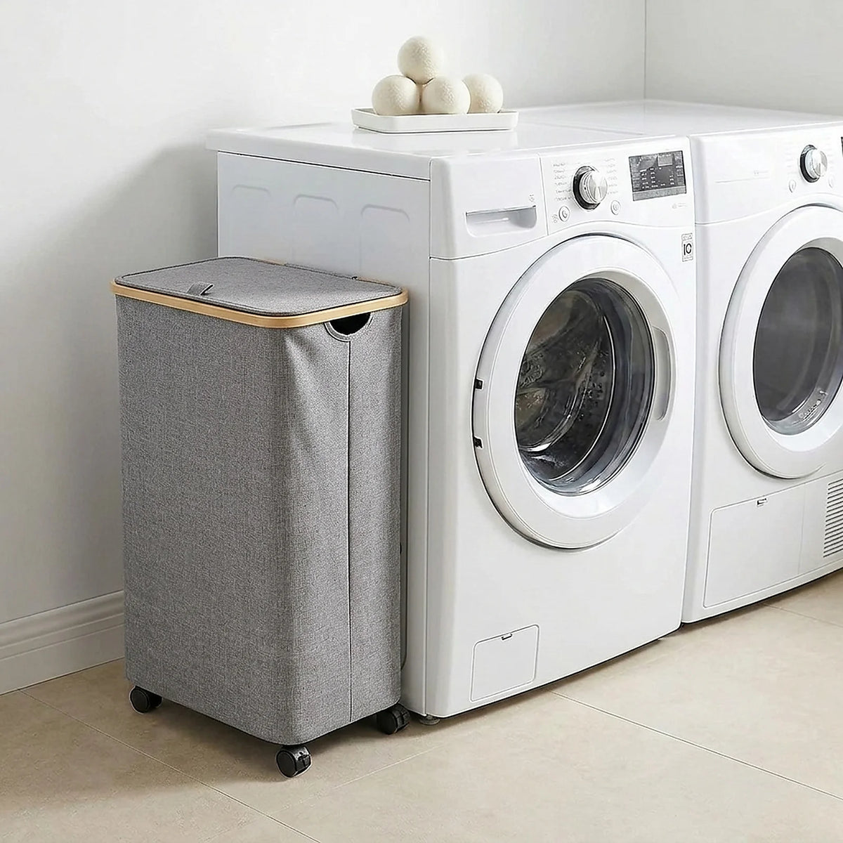 Zoyiancy Black Rolling Laundry Basket 110L, Slim Tall Laundry Hamper on Wheels with Lid and Bamboo Handles for Bedroom, Bathroom, Dormitory and Laundry Room