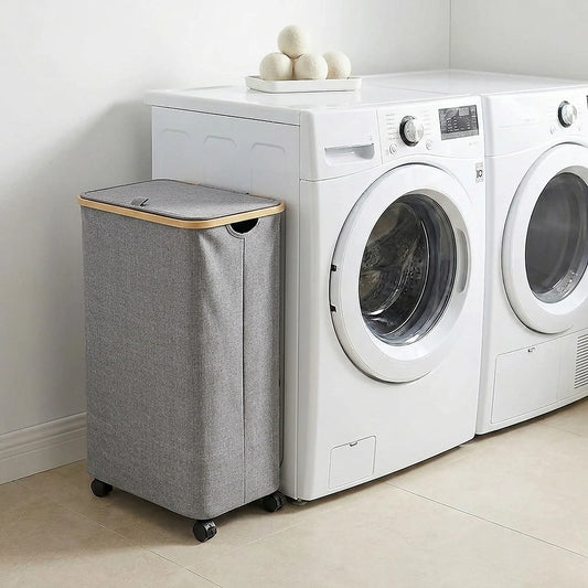 Zoyiancy Black Rolling Laundry Basket 110L, Slim Tall Laundry Hamper on Wheels with Lid and Bamboo Handles for Bedroom, Bathroom, Dormitory and Laundry Room