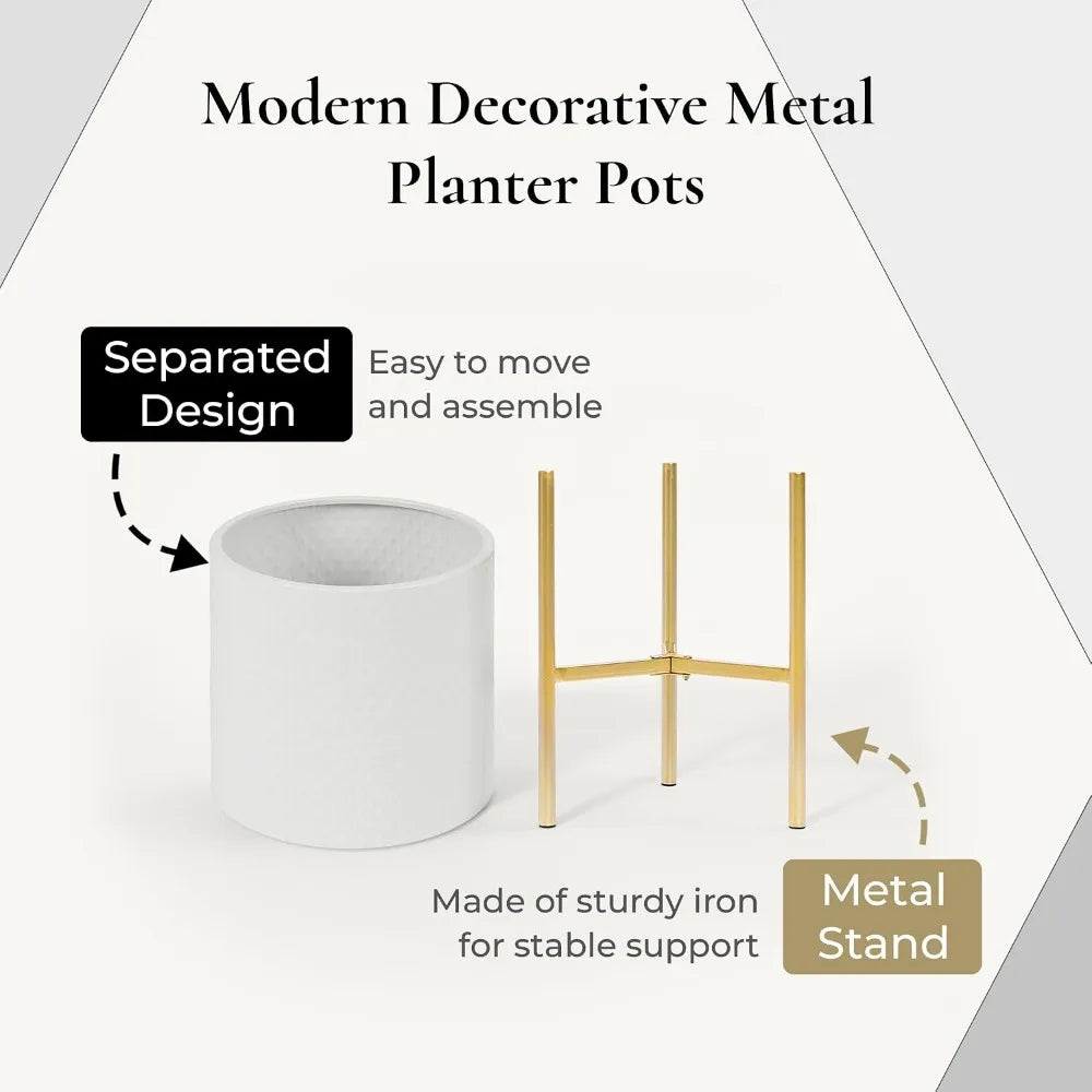 2Pcs White Planter w/ Gold Stand, Indoor Flower Pot, Floor Plant Pot