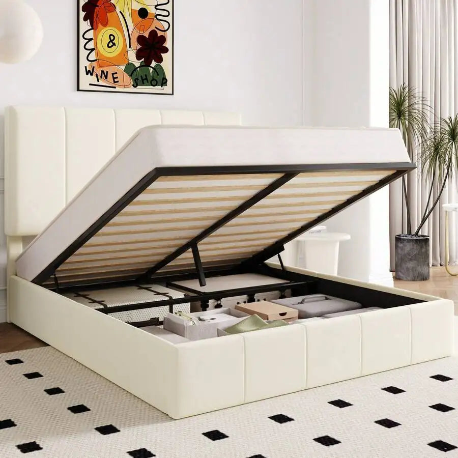 Full/Queen/King Size Velvet Lift Up Storage Bed Frame, Vertical Channel Tufted Headboard, Hydrualic Underneath Storage, Upholstered Platform Bed, Wooden Slats Support, No Box Spring Needed, Cream