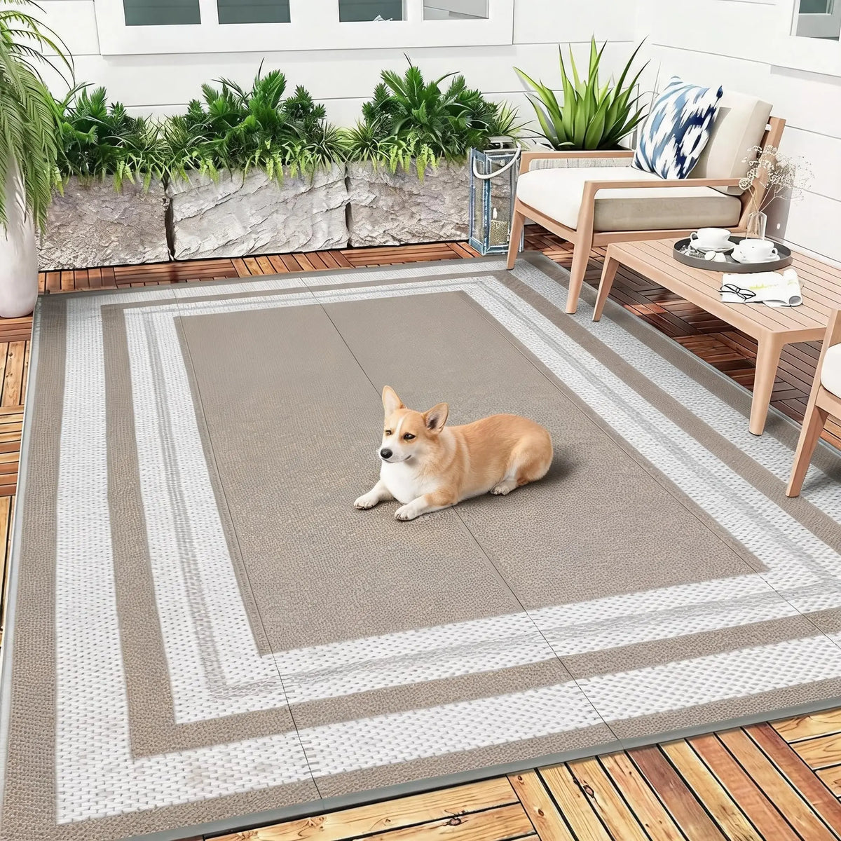 8x10ft Outdoor Rug | Waterproof Reversible Plastic Straw Patio Carpet, Easy Clean Modern Area Mat for Porch, Deck