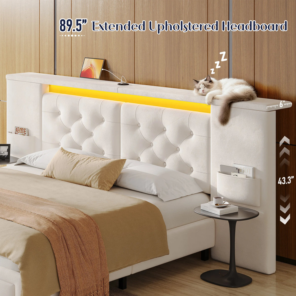EnHomee Bed Frame with Oversized Headboard & LED Light & Charging Station, Velvet Platform Bed Frame with 2 Storage Drawers, No Box Spring Needed,Noise-Free