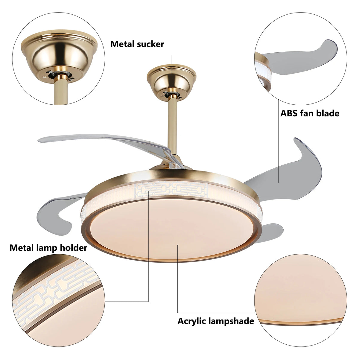 42 Inch Ceiling Fan Speed 3 Color with Remote Control Temperature 3000K-6000K Dimmable LED Reversible Quiet Motor Gold Ceiling Fan Lamp for Bedroom Living Room Kitchen Home