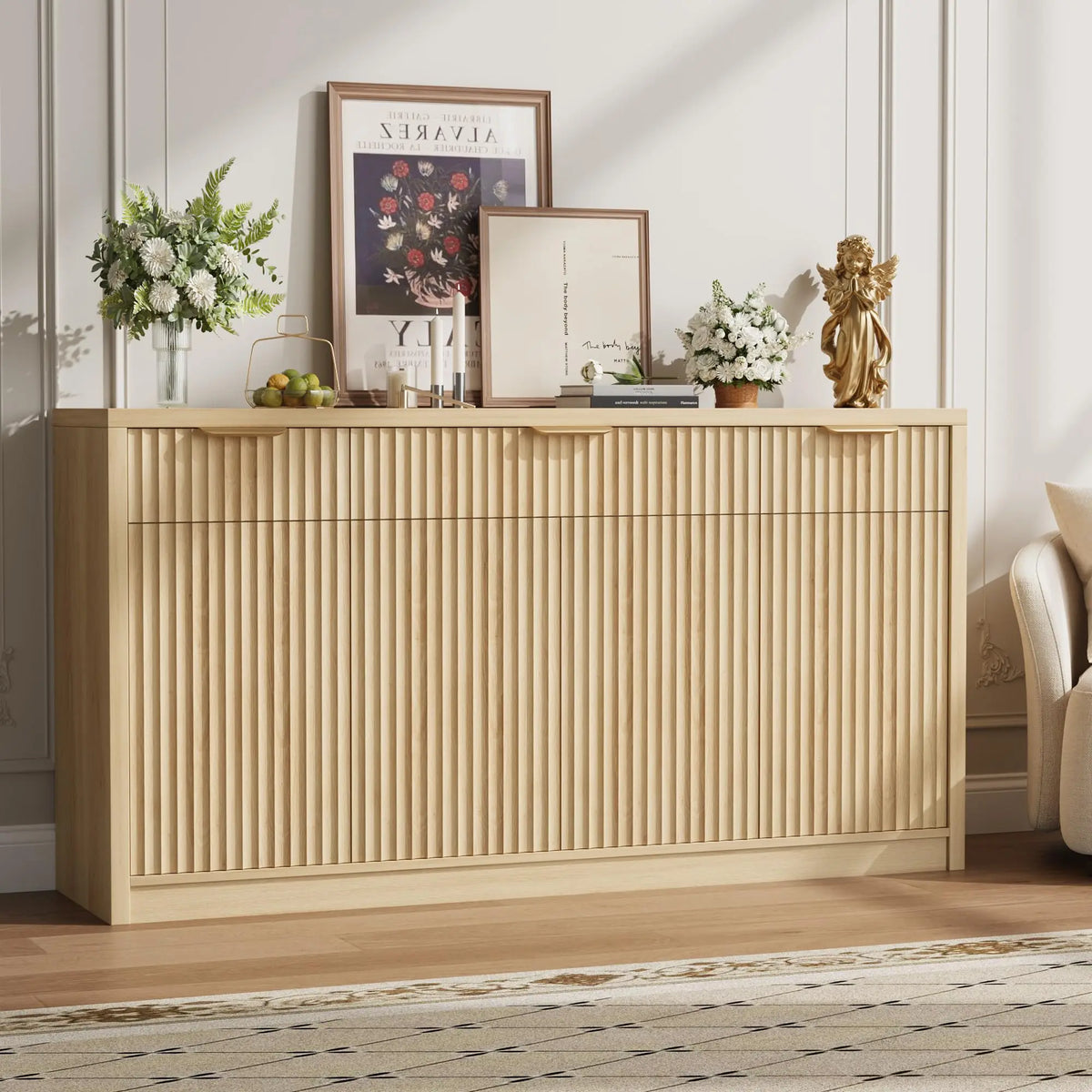 55 Inch Fluted Buffet Sideboard Cabinet With 3 Drawers, 4 Doors & Adjustable Shelves, Kitchen Coffee Bar Dining Room Storage