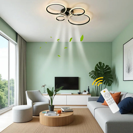 Four-ring ceiling fan light with three light colors, stepless dimming, 6 adjustable fan speed settings, and a timer function. The reversible motor makes it suitable for both summer and winter use. Ideal for bedrooms, above di