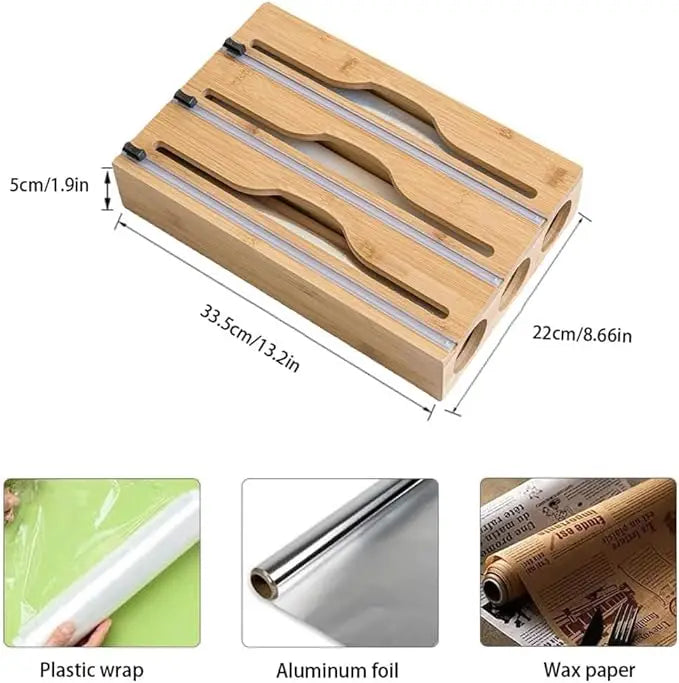 3 In 1 Bamboo Cling Film Dispenser Built-in Slide Cutter Aluminum Foil Parchment Paper Wax Wrap Organizer Kitchen Storage Tool
