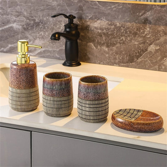 4 PCS Brown Bathroom Unique Decor Set Accessories Includes Countertop Soap Dispenser Bar Soap Dish Tumbler and Toothbrush Holder