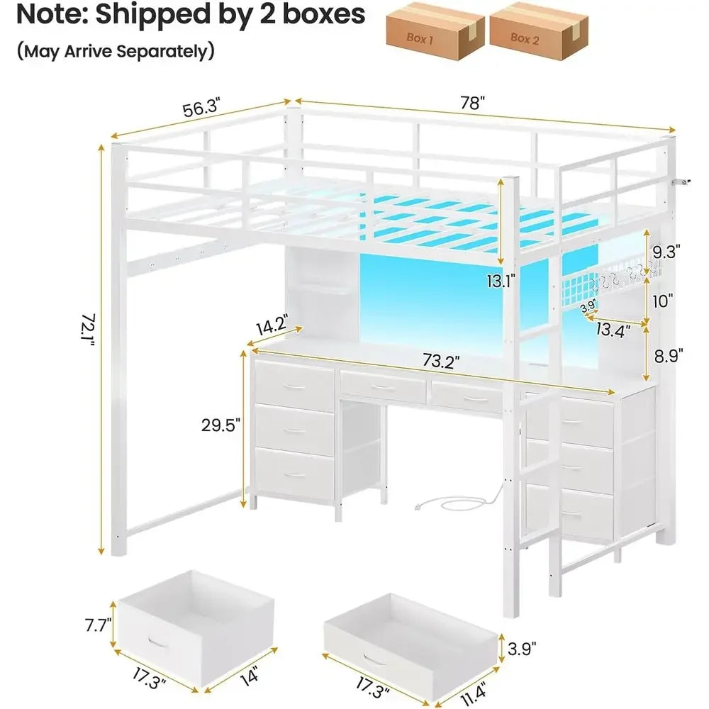 Full Size Loft Bed with Desk and 8 Drawers, Metal Frame, LED Lights & Charging Station, Heavy Duty, Space-Saving, Noise-Free, Wh
