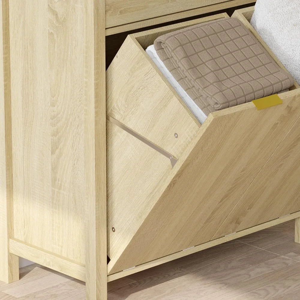 Double Tilt Out Laundry Hamper Cabinet with Drawer & Shelves, 2 Trash Cans, Brown