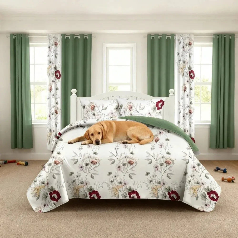 9-Piece Sage Green Watercolor Floral Bedding & Curtain Set (Queen/King/Cal King) - Quilted Microfiber Bedspread + Sheer Curtains