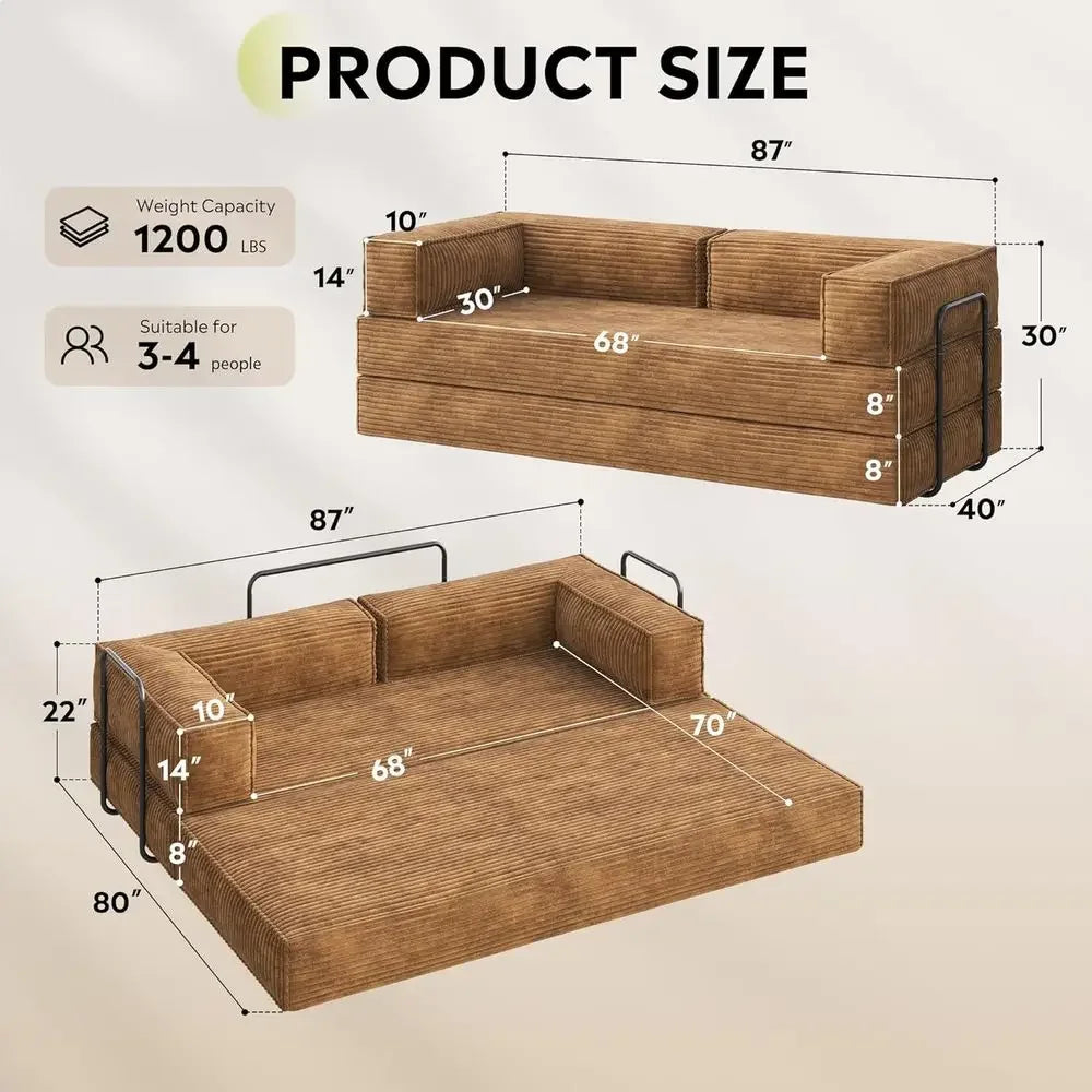 Convertible Sleeper Sofa Bed with Storage, Pull Out Couch, Corduroy, Brown