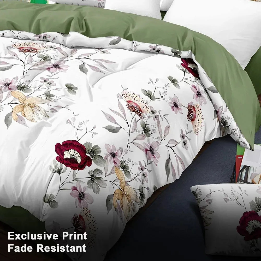 9-Piece Sage Green Watercolor Floral Bedding & Curtain Set (Queen/King/Cal King) - Quilted Microfiber Bedspread + Sheer Curtains