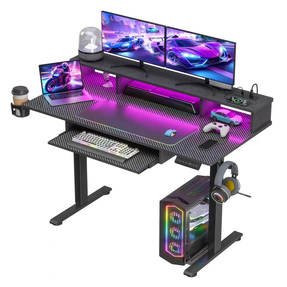 Gaming Standing Desk, Computer Desk with Keyboard Tray, Home Gaming Desk with Monitor Stand, Headphone Hook, Height Adjustable