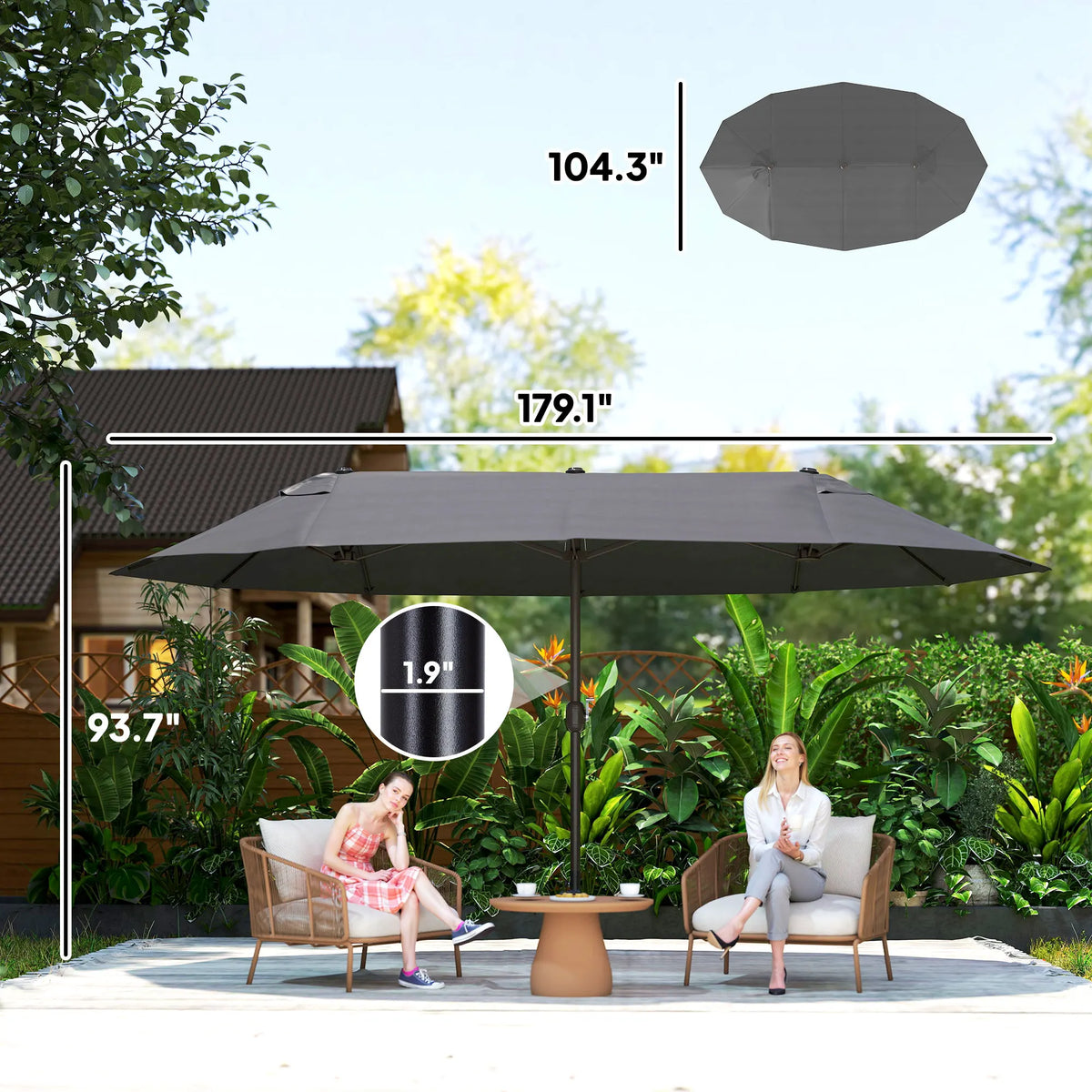 Extra Large 15' Patio Umbrella, Double-Sided Outdoor Pool Umbrella with Crank Handle, Gray