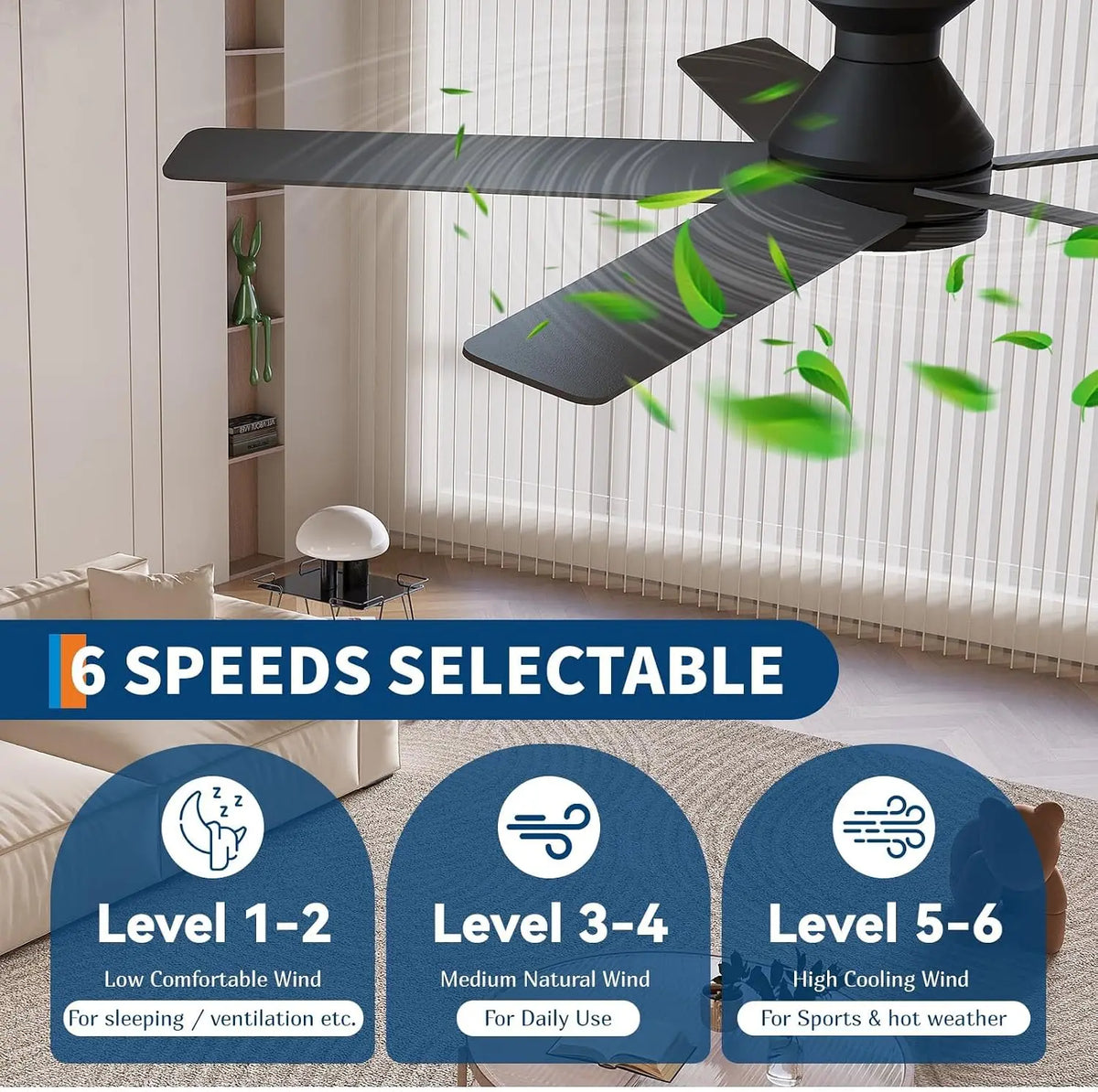 42/52" Low Profile Ceiling Fans with Lights and Wood Blades for Indoor/Outdoor | Remote Control, Flush Mount, 6-Speed, 5 Wood Blades, 3CCT Dimmable LED, Reversible Quiet DC Motor