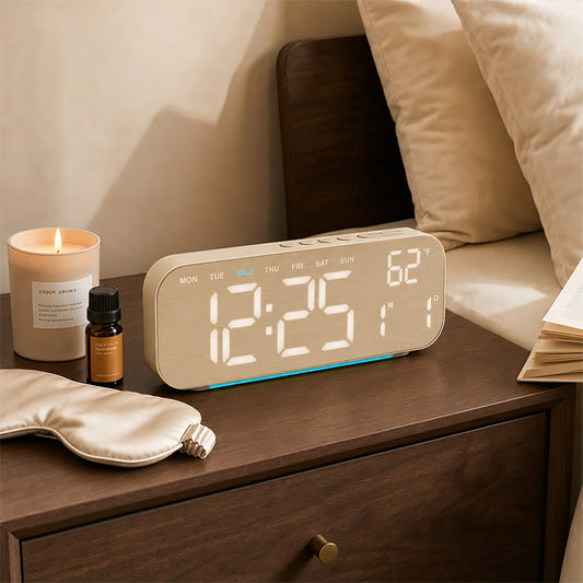 Timess 10inch 4-Color Digital Electronic Alarm Clock, with Ambient Light, Dual Alarms, Automatic Dimming Large Display, Timer, Usb-C Bedroom Bedside Table Clock