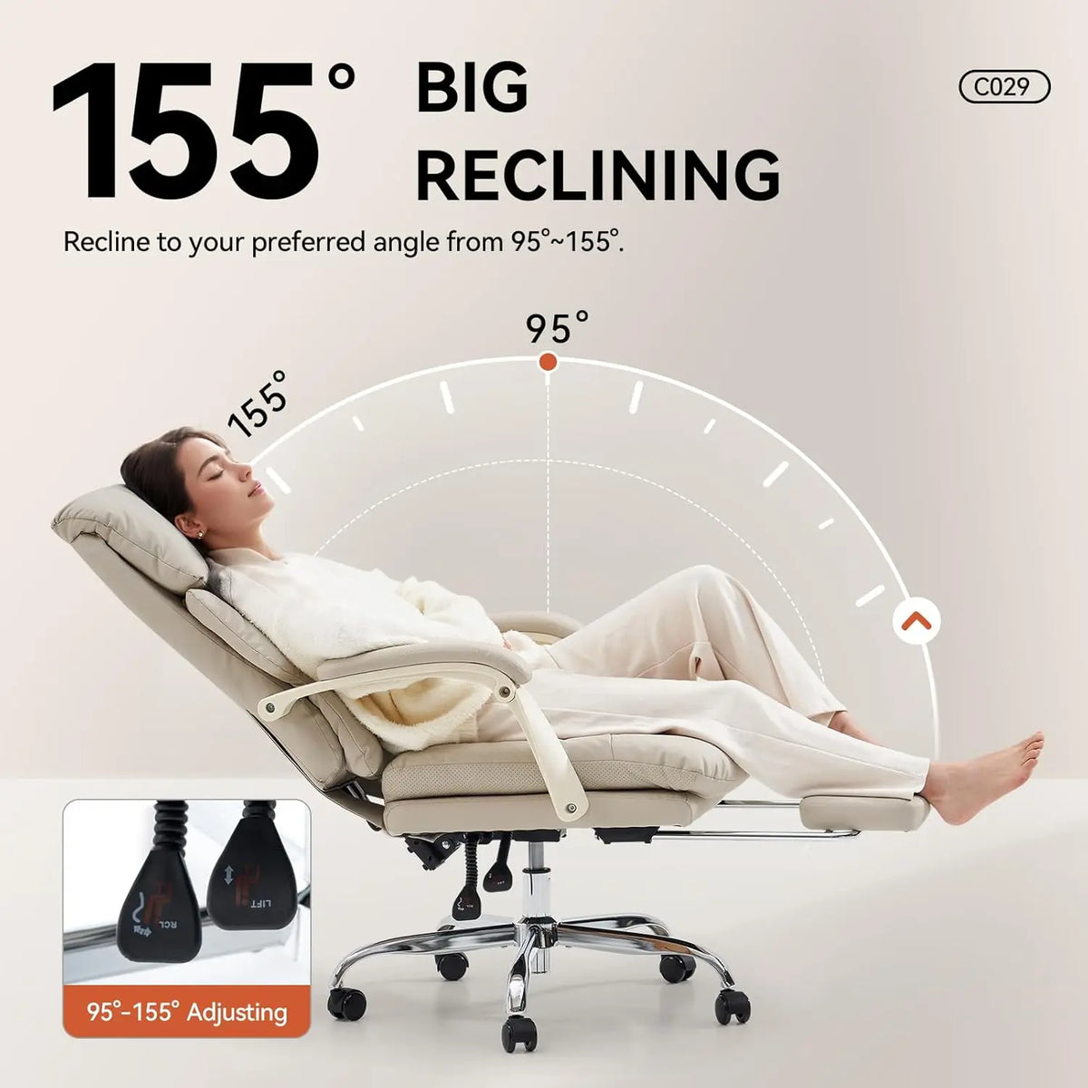Office Chair with Foot Rest Executive Office Chair, PU Leather, Beige | Ergonomic Reclining Office Chair High Back, Customized