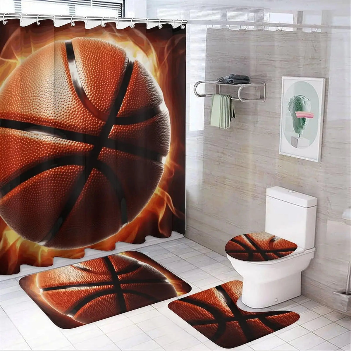 Basketball Shower Curtains Set 4 Piece with Non-Slip Rugs, Toilet Lid Cover and Bath Mat Soft Bathroom Carpet Waterproof Bathroo