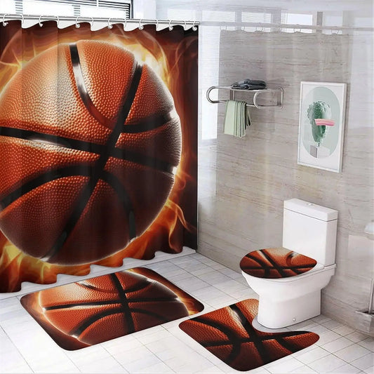 Basketball Shower Curtains Set 4 Piece with Non-Slip Rugs, Toilet Lid Cover and Bath Mat Soft Bathroom Carpet Waterproof Bathroo