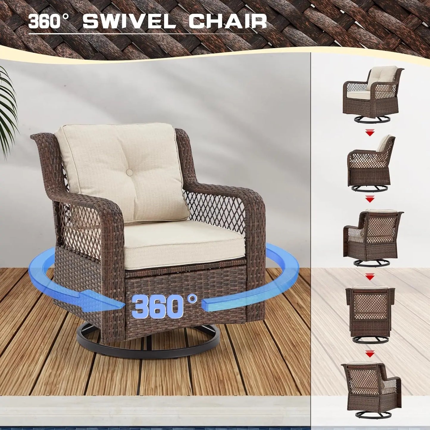 6 Pieces Wicker Patio Furniture Set Conversations Sets, 2 Outdoor 360° Swivel Chairs, Patio Swivel Chair with Table, Customized