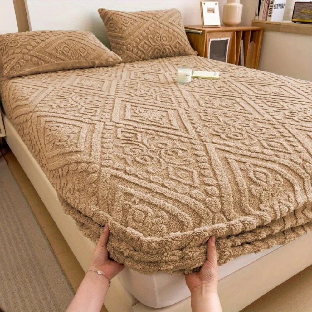 King Size Solid Embossed Bed Cover   Ultra Soft Milk Velvet Fitted Sheet  Durable Textured Standard Size