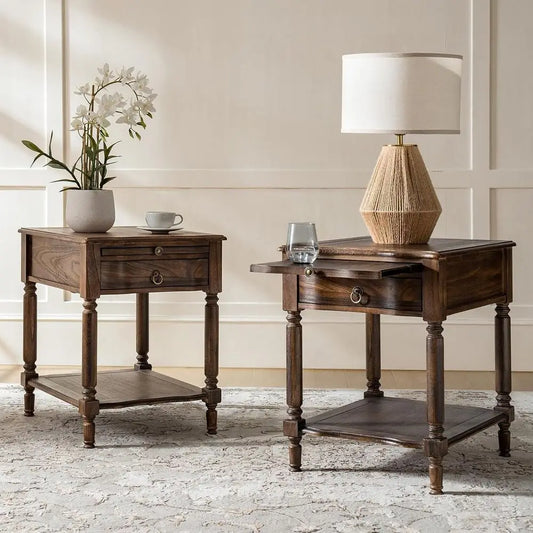 Small End Table with Charging Station, Solid Wood Side Table with a Der & Open Shel, Vintage inish, Spindle Legs(Walnut, Set o 2