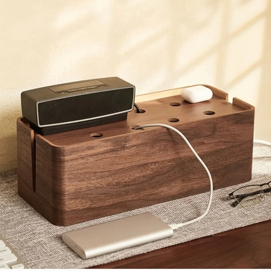Wooden Cable Management Box with Top Shelf Solid Wood Cord Organizer for Desk Power Strip Hider Home Office Living Room