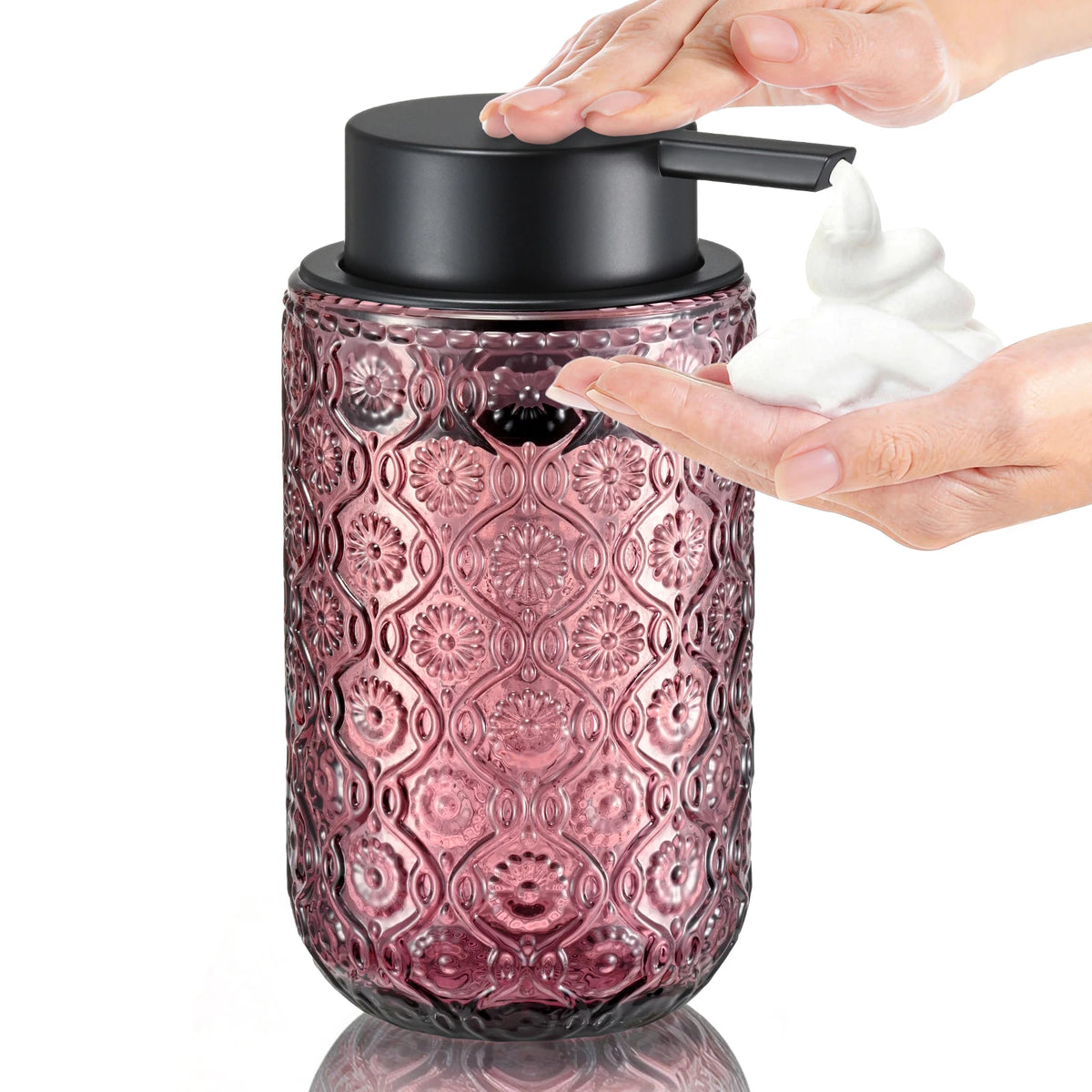 Vintage-Style Embossed Glass Foaming Soap Dispenser — Matte Black Pump Head — Suitable for Bathroom & Kitchen Hand Soap
