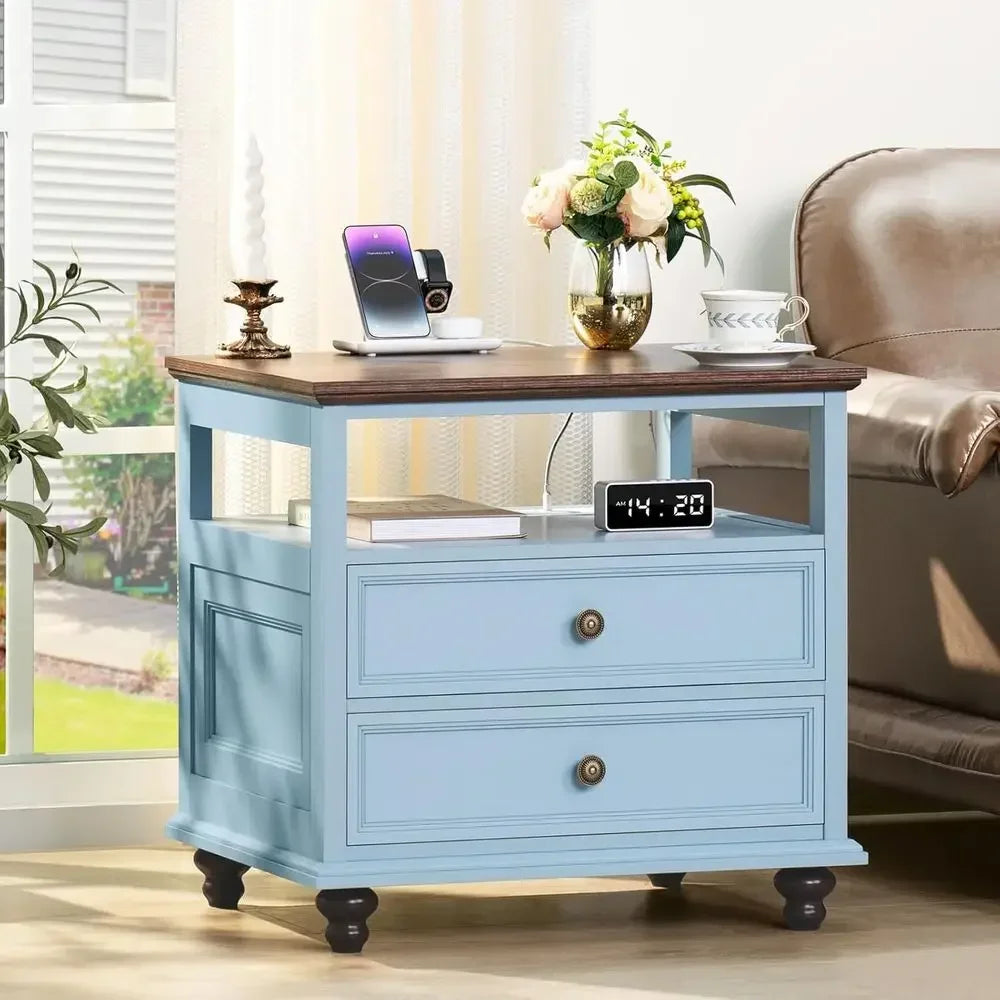 2-Piece Nightstand Set with Charging Station, 24 Wide End Table, Drawers, Suitable for Bedroom or Living Room, Light Blue Accent