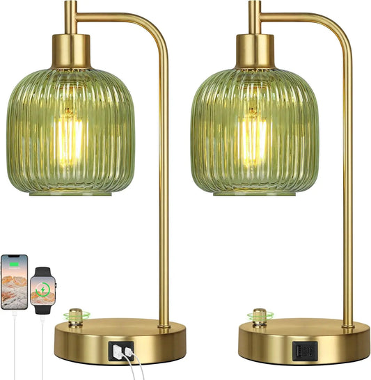 Industrial Table Lamp Set of 2 Green Glass with USB A&C Ports Stepless Dimmable Gold Nightstand Lamps for Bedroom Living Room